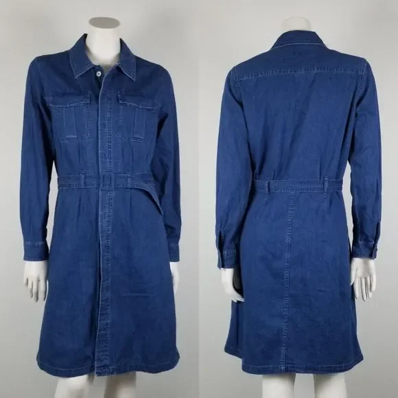 A.P.C. Indigo Chambray Denim Minimalist Cotton Knee Length Belted Shirt Dress M - Picture 1 of 13